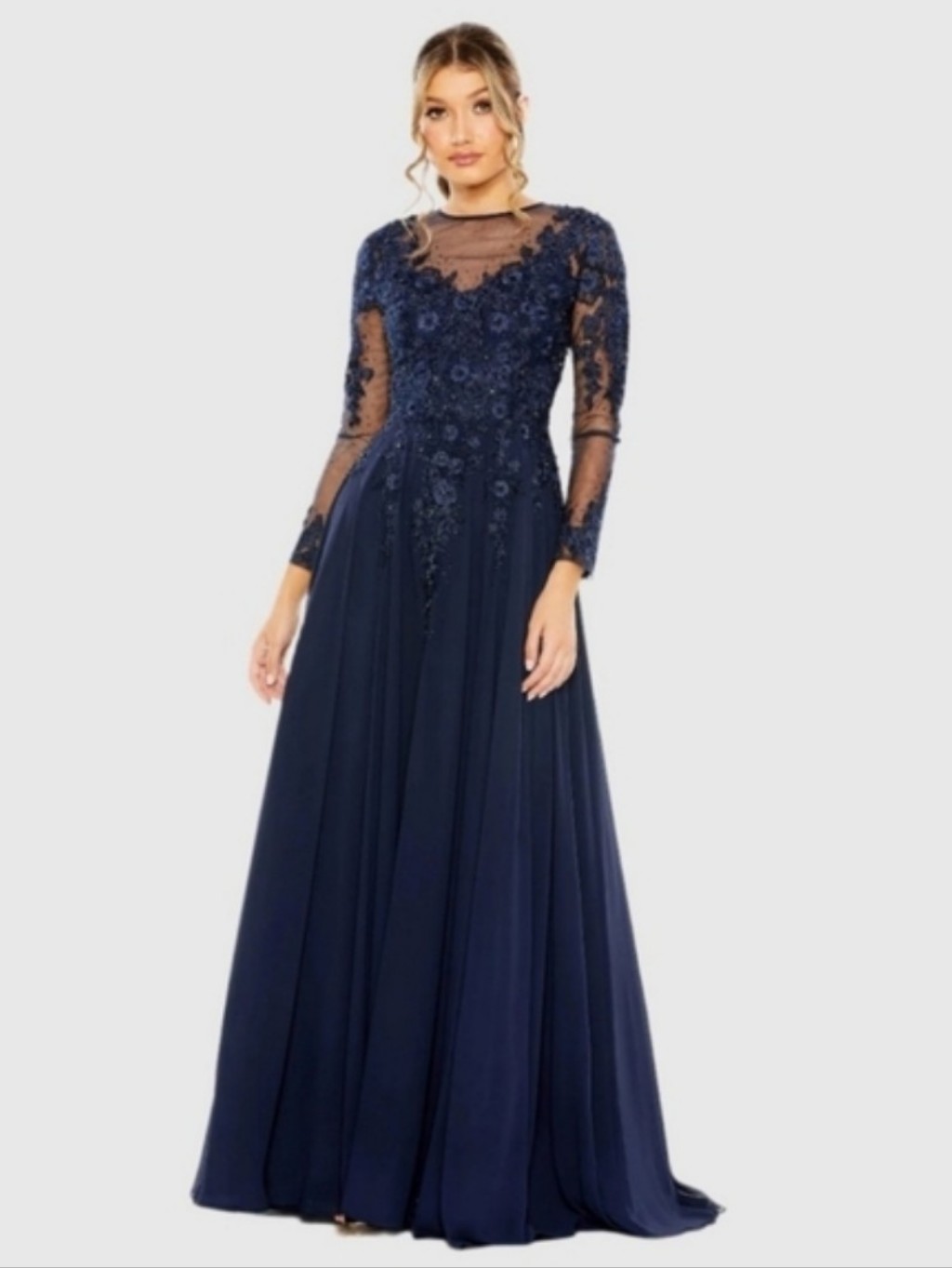 Mac Duggalnavy High Neck Long Sleeve Embellished A-Line Gown Size 16